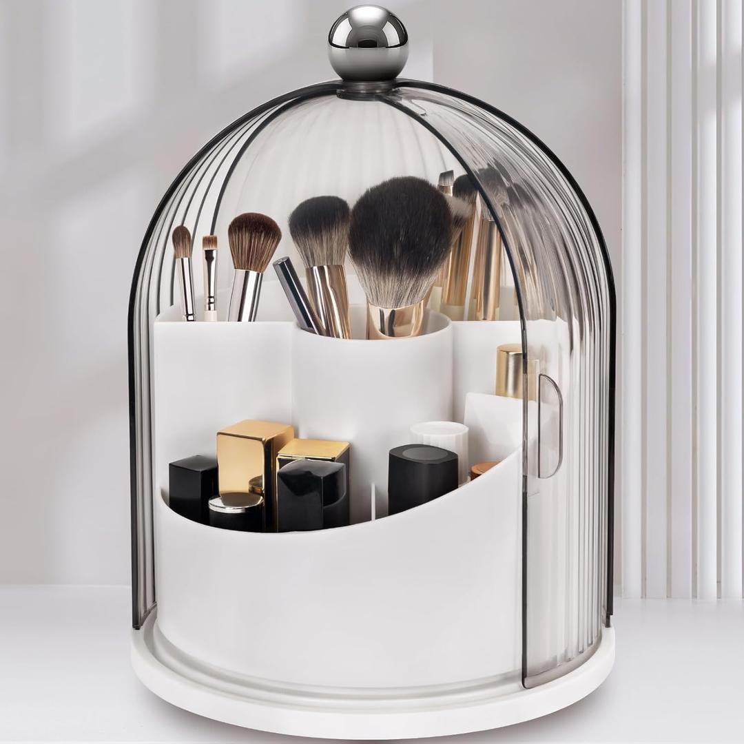 Makeup Brush Holder with Lid 360 Rotating Clear Dustproof Make Up Organizers for Vanity Bathroom Countertop, Transparent
