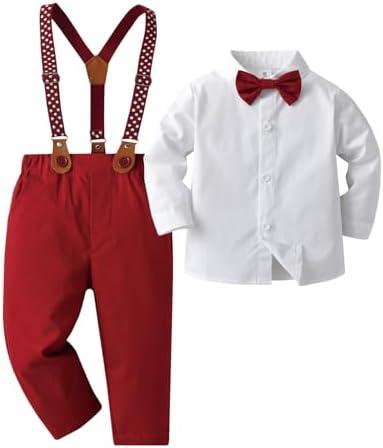 Boarnseorl Baby Boys Pants Sets,Toddler Gentleman Outfits,Infant Long Sleeve Shirt + Pants, Suspenders 5 Y