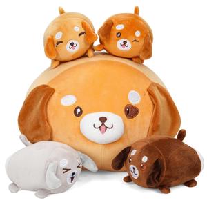 Zakeml 5PCS Cute Corgi Dog Plush Pillow, 15'' Corgi Plush Stuffed Animal with 4 Baby Corgi Plushies, Soft Dog Plush Sleeping Pillow Doll Toy for Kids Girlfriend Room Decor