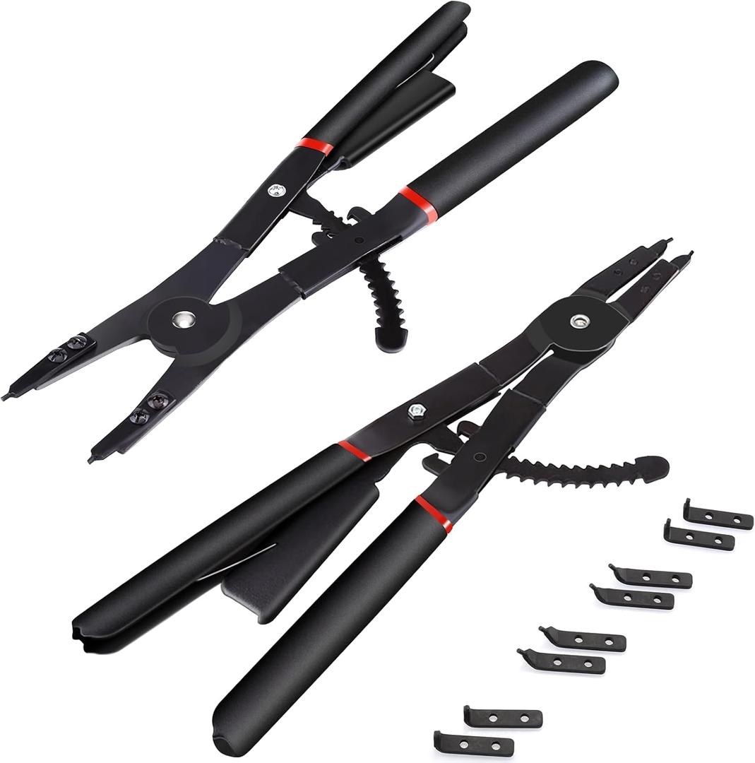 Heavy Duty Snap Ring Pliers, 16" Large Snap Ring Pliers Heavy Duty, 2 Piece Snap Ring Plier Set External and Internal Pliers With 12 Tips, 0 15 45 90 Tips