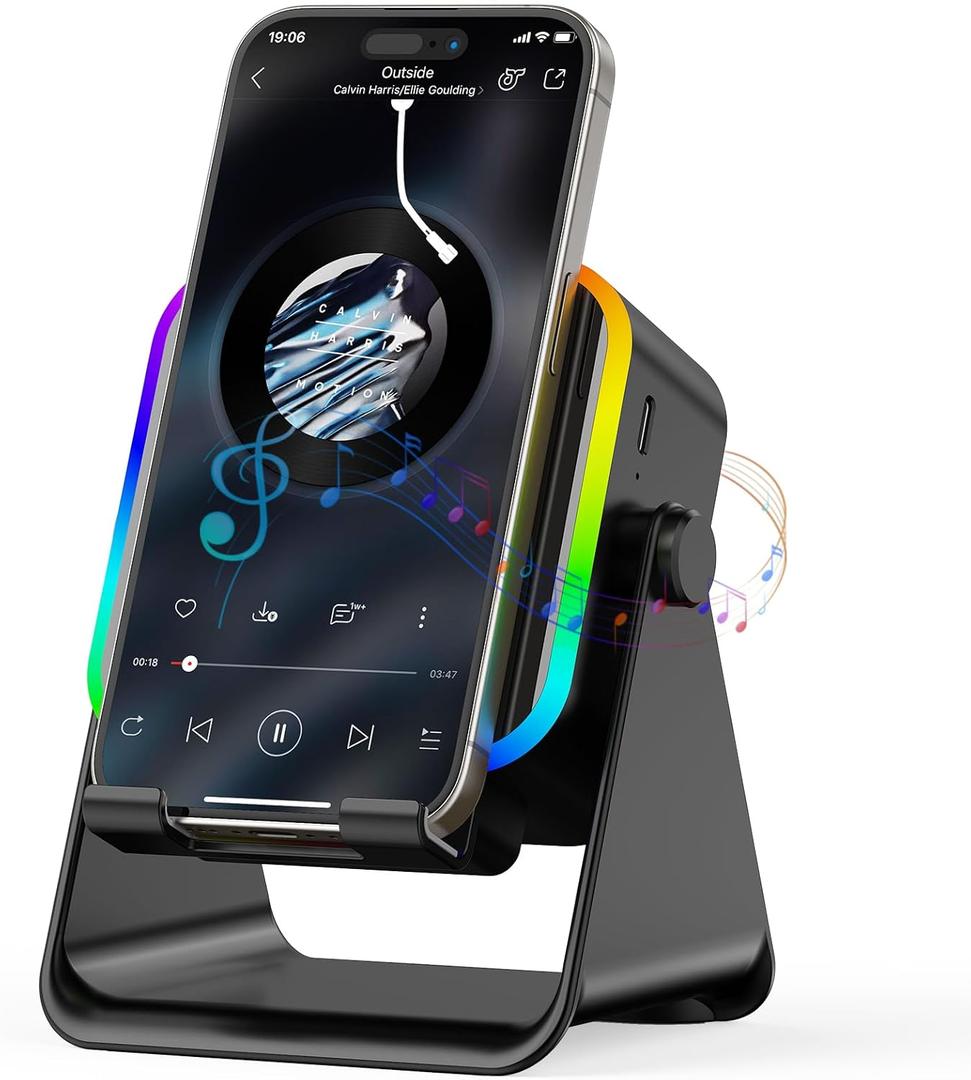 Wireless Induction Portable Bluetooth Speaker - 5 in1 Bluetooth Speaker Phone Stand with Colorful Ambient Light 360° Rotation Compatible with Most Phones - Unique Birthday Gift for Men Women Adults
(Black)