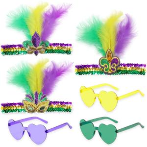 6 Pcs Mardi Gras Accessories Feather Headband for Woman, Heart Shape Sunglasses Set Purple Yellow Green Glitter, Feather Sequin Fascinators for Masquerade Party Carnival Cocktail