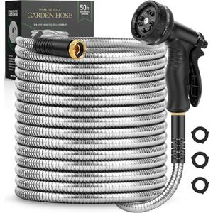 Garden Hose 50 FT, Metal Stainless Steel Water Hose with 10 Function Nozzles, No Kinks, Flexible Hose, Lightweight, Puncture Proof, Heavy Duty Hose for Yard and Outdoor