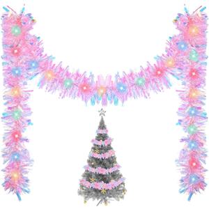 Kingdder 16.4 ft Christmas Tinsel Garland Lighted Metallic Twist Tree Decoration Prelit Battery Operated 50 LED Hanging Garland for Xmas New Year Home Outdoor Decor(Multicolor, Pink)