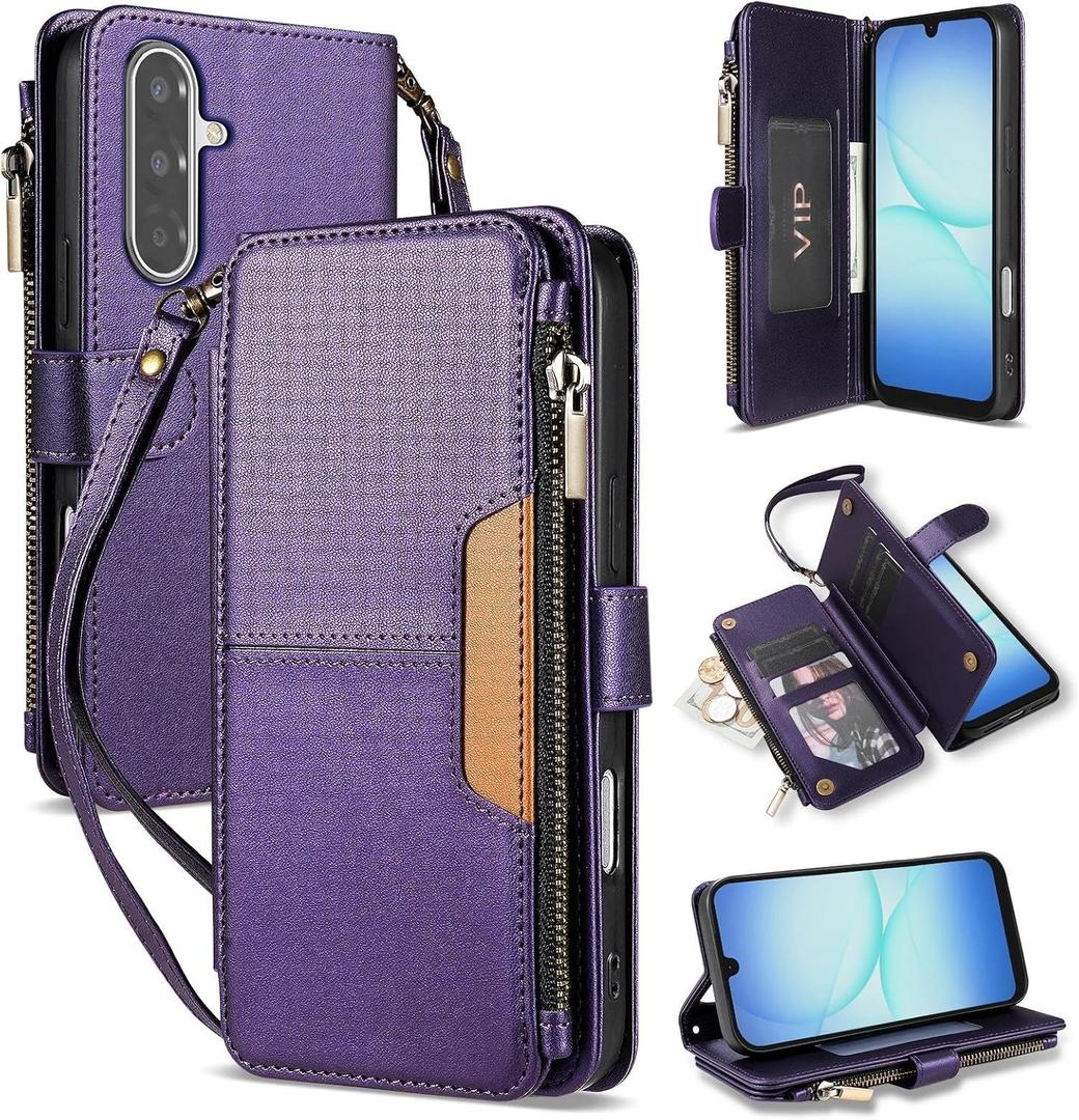 for Samsung Galaxy A17 Wallet Case with Card Holder Fashion PU Leather Magnetic Snap Flip Zipper Strap Protective Phone Case for Samsung Galaxy A17 Case Wallet(6.7 inch-Purple)