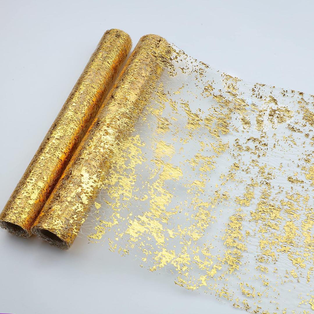 Snowkingdom 2 Pieces Gold Table Runner, Sequin Glitter Foil Metallic Thin Mesh Runner Roll 11"x108", Gold Table Decorations for Event Party, Wedding, Birthday Party, Christmas