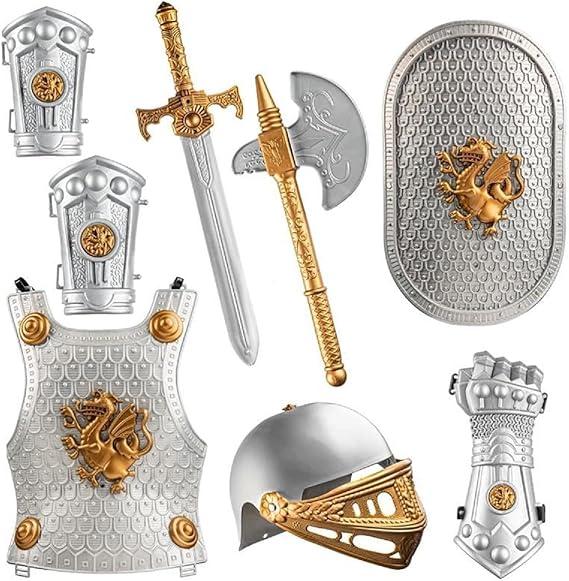 8-PIECE KNIGHT PLAYSET – Includes helmet, breastplate, sword, battle axe, shield, gauntlet, and shin guards for full medieval role play