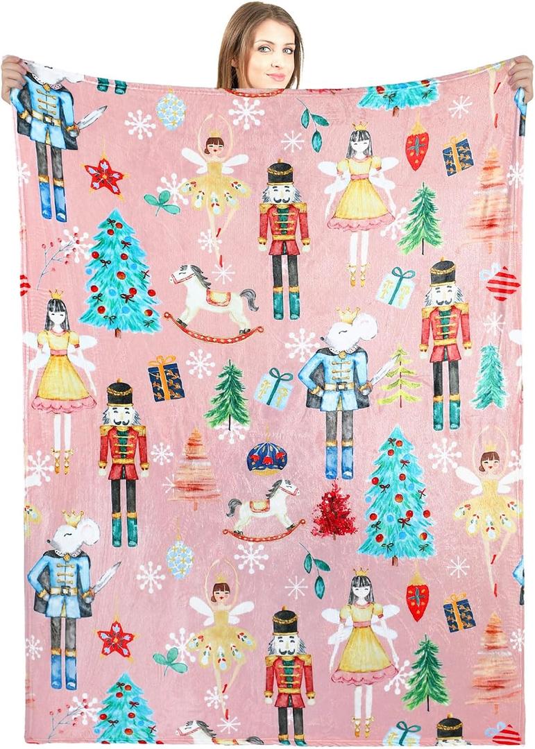 Buryeah Christmas Nutcracker Throw Blanket Soldier Prince Fairy Mouse Gift 60 x 50 Inches Ballet Nutcracker Christmas Soft Blanket for Xmas Home Sofa Couch Bed Decor(Pink)