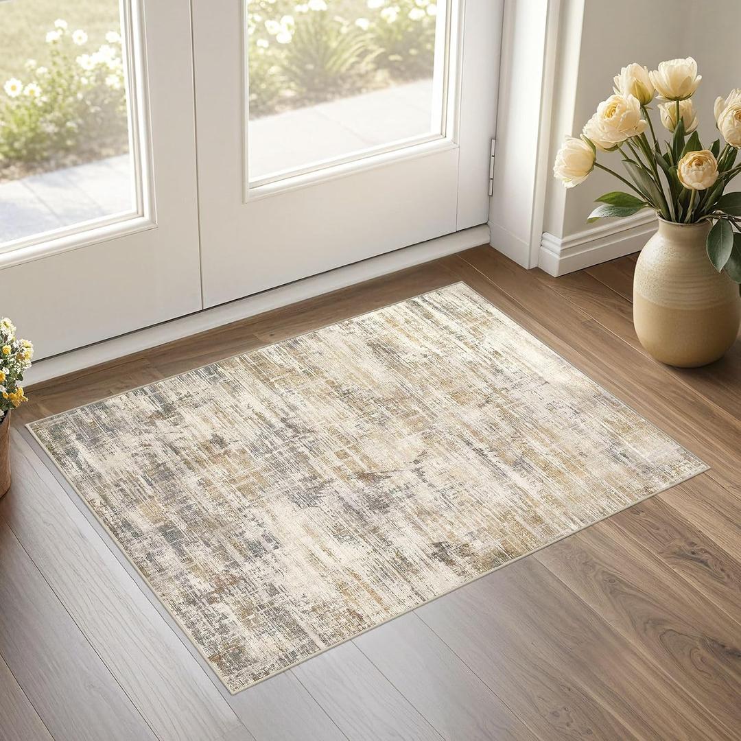 UERMEI 2x3 Washable Entryway Area Rug: Neutral Abstract Small Floor Carpet Soft Low Pile Non-Slip Indoor Door Mat for Kitchen Hallway Stain Resistant for Pets and Kids Room Golden Brown