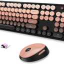 Wireless Keyboard and Mouse Combo, Ergonomic Full Size Typewriter Retro Round Keycaps Keyboard, Compatible with Windows, PC, Perfer for Home and Office Keyboards (Aurora Red)