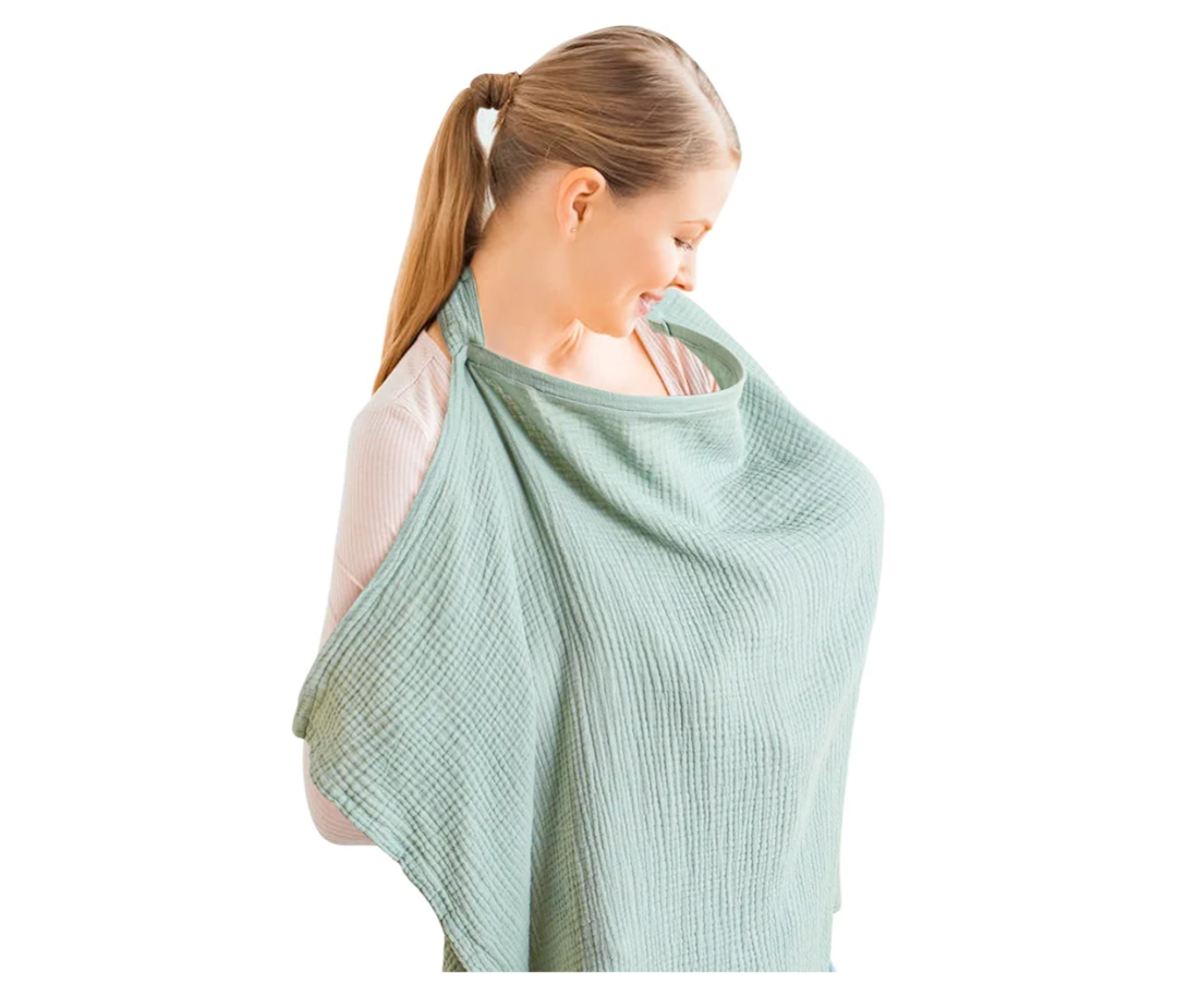 Konssy Muslin Nursing Cover for Baby Breastfeeding, Breathable 100% Cotton Breastfeeding Cover with Rigid Hoop for Mother Nursing Apron, Multi-use Carseat Canopy (Green)