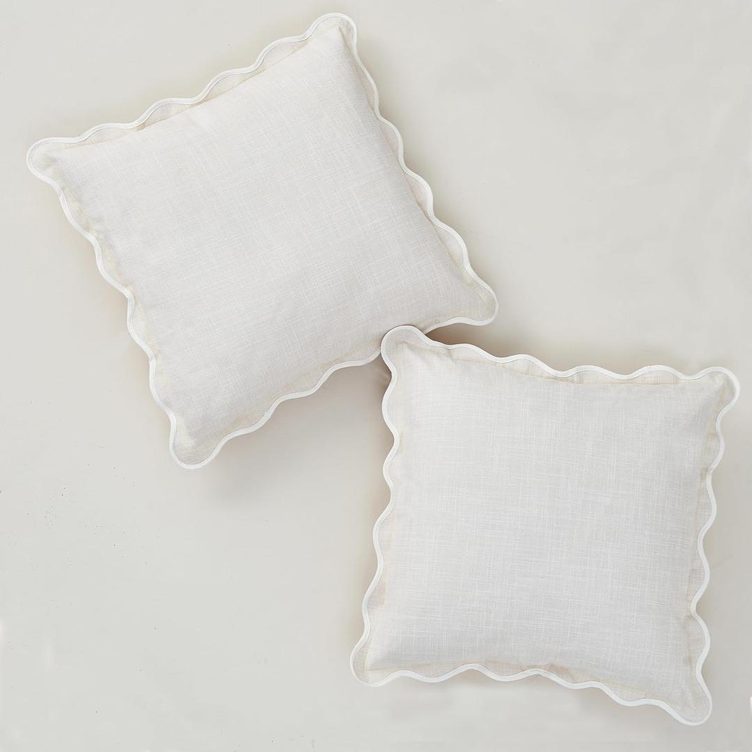 Scalloped Throw Pillow Covers Set of 2 for Living Room, Cotton & Linen, Boho Sytle Decorative Home (Beige & White Edge, 20x20 Inch)