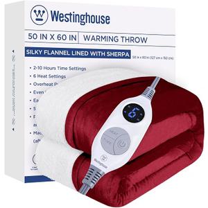 Westinghouse Electric Blanket Heated Throw, Super Cozy Soft Flannel 50"" x 60"" Heated Throw with 6 Fast Heating Levels & 210 AutoOff, Machine Washable, ETL&FCC Certification, Home Office Use, Red