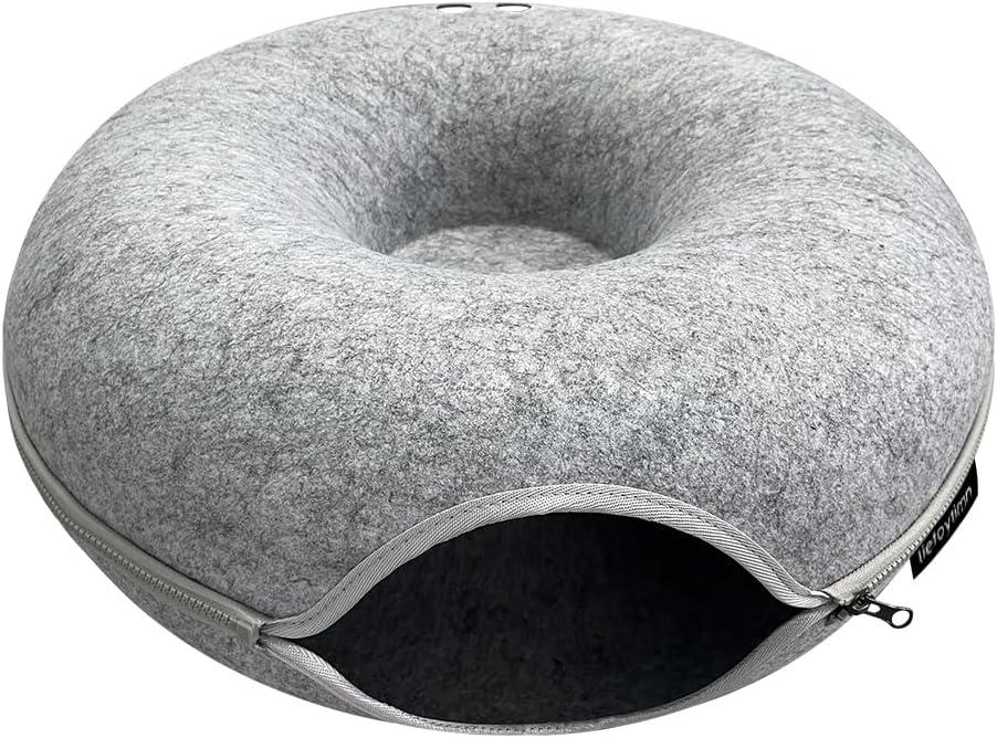 liefoytimn Tunnel nest, Donut nest, Fun Ventilation peep Hole, Detachable Zipper cat Bed, Felt Washable, All Season Universal cat Bed Suitable for Cats (Light Gray, Small)