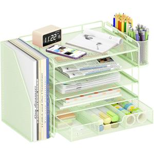 Desk Organizers and Accessories, 5-Tier Paper File Organizer with Drawer & Pen Holder, Office Desk Accessories Workspace Desktop Organizer for Office Supplies((Green)