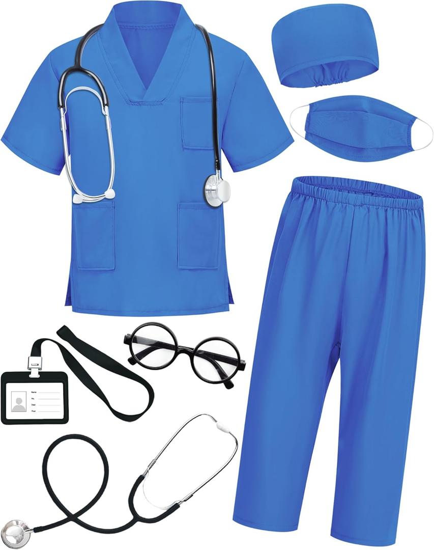 ICECUTE Doctor Costume for Kids Scrubs with Accessories,7Pcs Toddler Halloween Costume for Boy Girls,3-11 Years (5-6T, Blue)