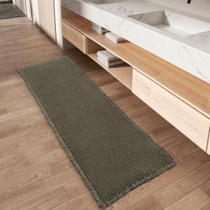 Upgraded Waffle Runner Rug, Super Absorbent Non Slip Bath Mats for Bathroom Floor, Machine Washable Bathroom Runner Rug with Tassels, Ideal for Hallway Bedroom Laundry Room, Dark Green, 17" x 60"