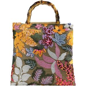 Sequin Embroidered Floral Tote for Women Beach Bag with Bamboo Handle Summer Shoulder Handbag for Vacation Daily Use