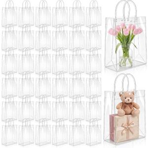 LEIFIDE 50pcs Clear Plastic Gift Bags with Handles PVC Reusable Transparent Totes Bags for Goodie Candy School Birthday Party(7.9 x 11.8 x 3.9 Inch)