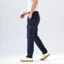 Plaid&Plain Mens Cargo Pants Slim Fit with Contrasting Topstitching and Multi-Pocket (38W x 30L, Navy Blue)