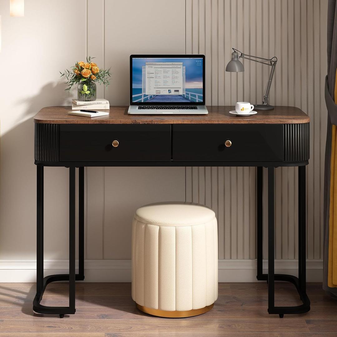 OIOG Console Table with Drawers, Modern Sofa Table with Wood Grain Tabletop, Entryway Table with Storage for Livingroom, Makeup Vanity Desk for Bedroom, Small Computer Desk with 2 Drawers, Brown, Black