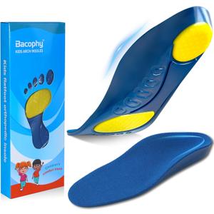 Bacophy Kids Orthotic Arch Support Shoe Insoles, Children Pu Cushioning Inserts, Shock Absorption Velvet Surfaces Deep Heel Cup Inner Sole for Flat Feet, Plantar Fasciitis, Feet Heel Pain Relief Blue