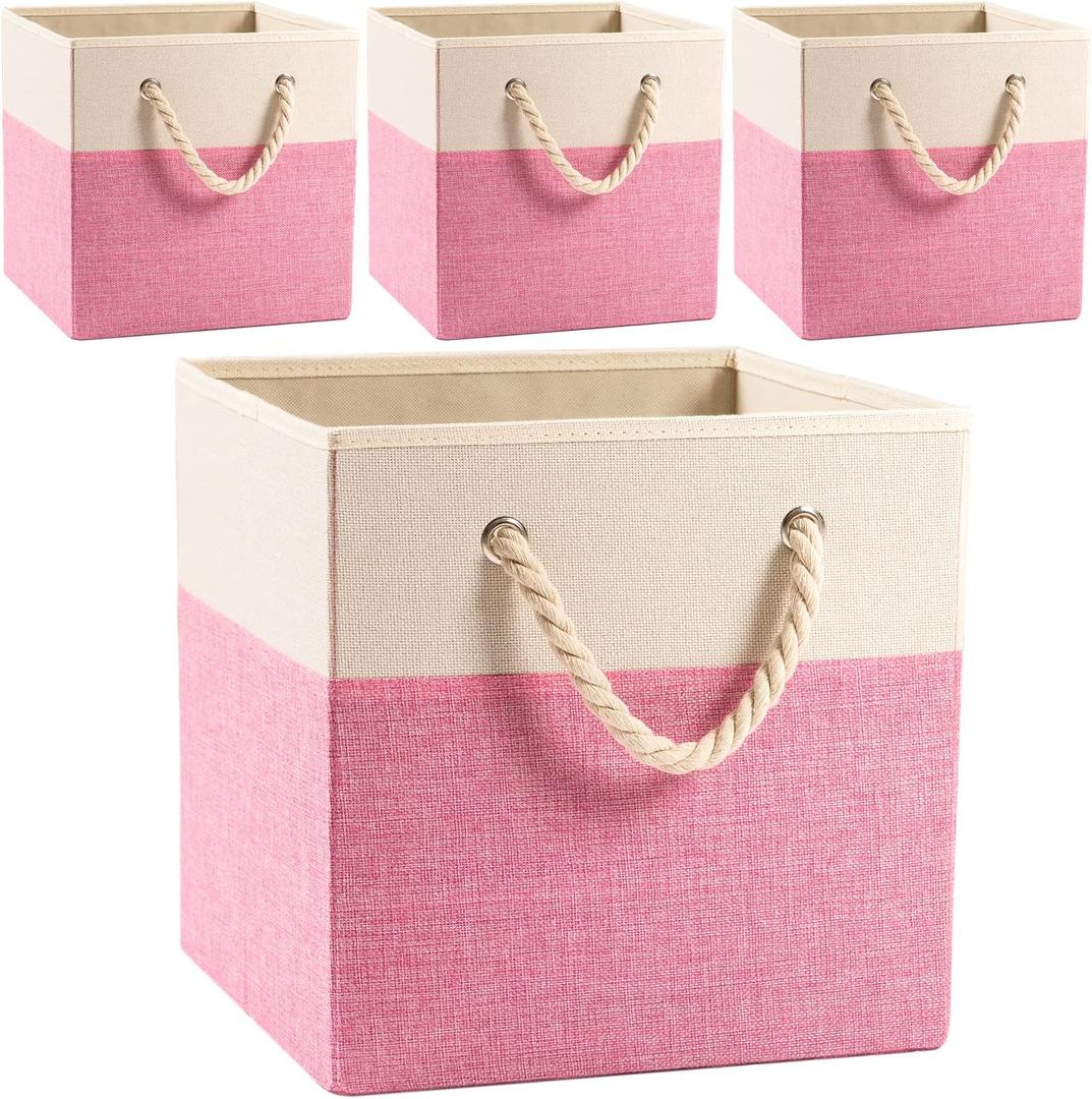 PRANDOM Large Foldable Cube Storage Bins 13x13 inch [4-Pack] Fabric Linen Storage Baskets Cubes Drawer with Cotton Handles Organizer for Shelves Nursery Closet Bedroom Pink