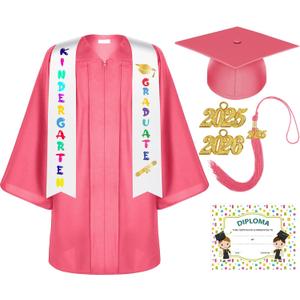 Lasnten Unisex Matte Kindergarten Graduation Gown Cap Tassel Set with 2026/2027 Charm Printed Stole for Kid Grad Gift (33, Pink)