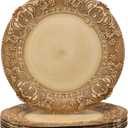 13-Inch Vintage Embossed Charger Plates, Set of 6 - Decorative Antique Gold Plastic Underplates for Dinner Party, Wedding, and Holiday Table Decor - Durable & Reusable Service Plates
