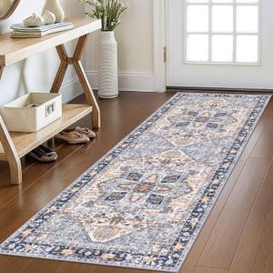 KOZYFLY Runners for Hallways 2x6 Ft Washable Kitchen Runner Rug Boho Runner Rug for Entryway Indoor Printed Oriental Faux Wool Floor Carpet Runner for Bedroom Kitchen Hall, Blue Gray/Cream