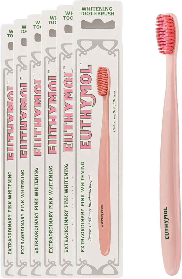 Euthymol Whitening Toothbrush (Pink, 6 Count) - Premium Soft Dual-Tension Bristles. Advanced Plaque Removal, Stain Reduction.