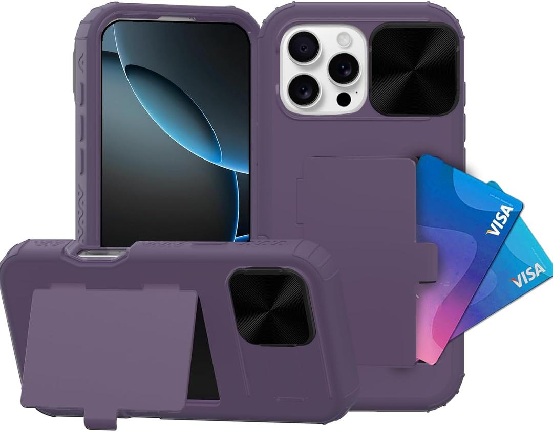 for iPhone 16 Pro Max Case with Card Holder and Slipable Camera Protector, Phone Case for iPhone 16 Pro Max, Military-Grade Drop Protection, with Hidden Cosmetic Mirror, (Galactic Violet)