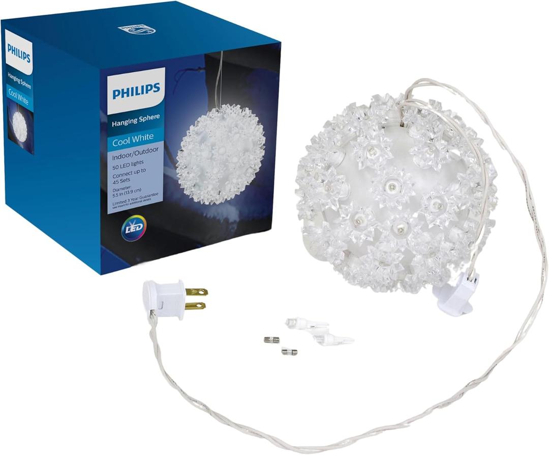 PHILIPS Cool White 5.5" Hanging Sphere Light with 50 LED Bulbs - UL Listed for Indoor/Outdoor Use - 50 Mini LED Bulbs in Hanging Ball - Winter Decoration for Parties, 1 Count (Pack of 2)