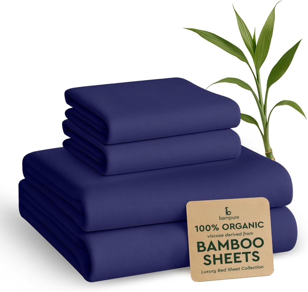 BAMPURE Queen Sheet Set - 100% Pure Viscose derived from Bamboo Sheets Queen Size - Super Soft Queen Cooling for Hot Sleepers - Up to 16’’ Deep Pocket Queen Sheets (Navy)