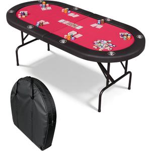 Garvee 8 Player Oval Poker Table Foldable, 72" Poker Game Tables with Storage Bag, Collapsible Legs, Padded Rails & Cup Holders, Portable Folding Game Table for Texas Holdem and Blackjack, Red
