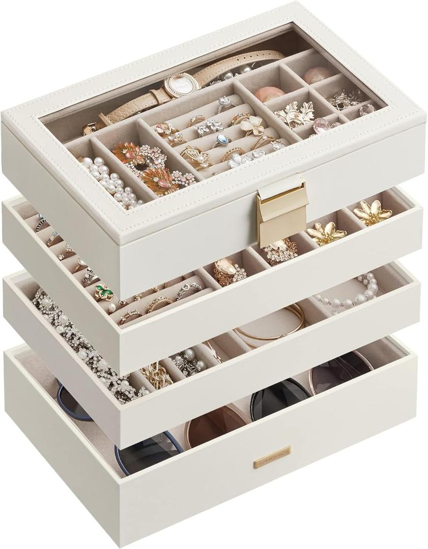 SONGMICS Stackable Jewelry Trays, 4-Tier Jewelry Box, Drawer Jewelry Organizer, with Glass Lid, Removable Dividers, for Vanity Table, 6.7 x 11 x 7.2 Inches, Gift Idea, Cloud White UJBC164W01