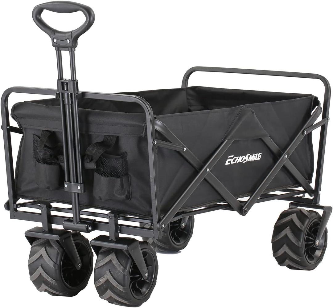 EchoSmile Heavy Duty 350 Lbs Capacity Collapsible Wagon, Outdoor Folding Camping Grocery Portable Utility Cart, Adjustable Rolling Carts, All Terrain Sports Wagon with Big Wheels (Black)