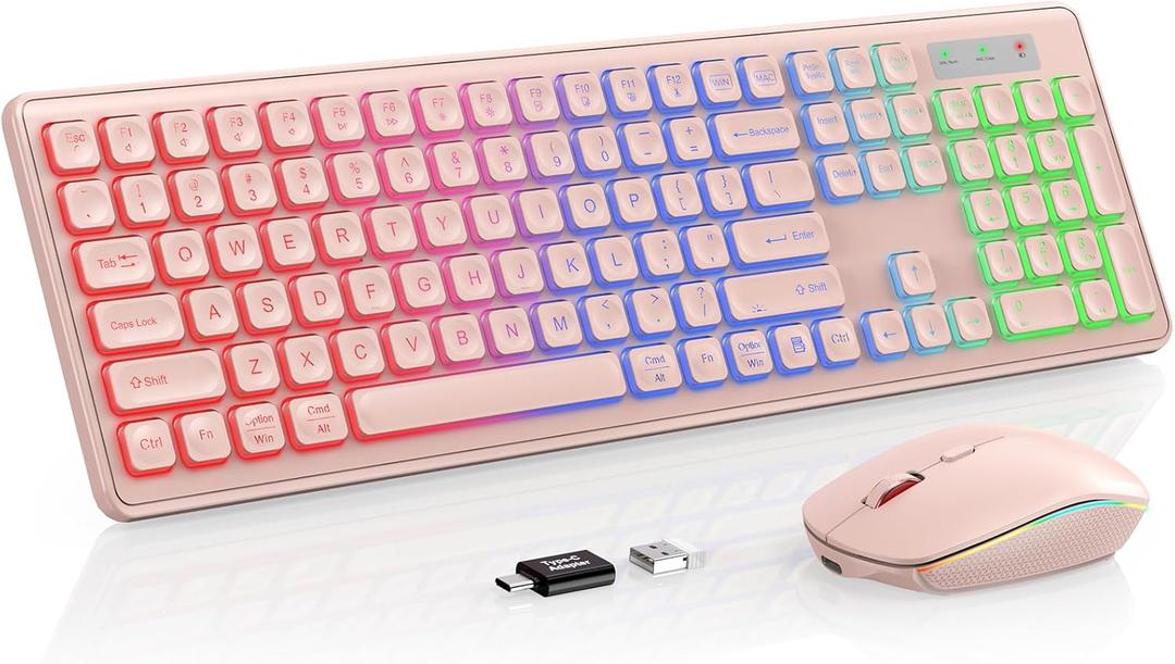 Wireless Keyboard and Mouse Combo, RGB Backlit, Rechargeable & Light Up Letters, Full-Size, Soft Typing, Sleep Mode, 2.4GHz Quiet Keyboard Set for Mac, Windows, Laptop, PC, Trueque (Pink)