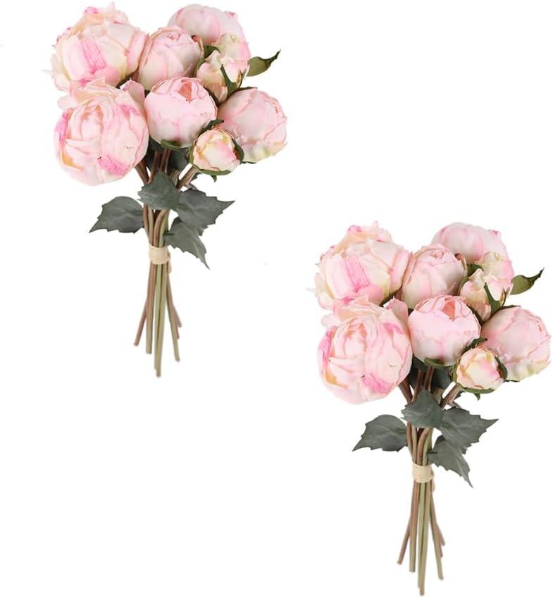 Pink Peonies Artificial Flowers 2 Bouquets Vintage Peonies 18pcs Pink Flowers Artificial for Wedding Decoration Bride Bouquet Faux Crafts Floral Arrangement
