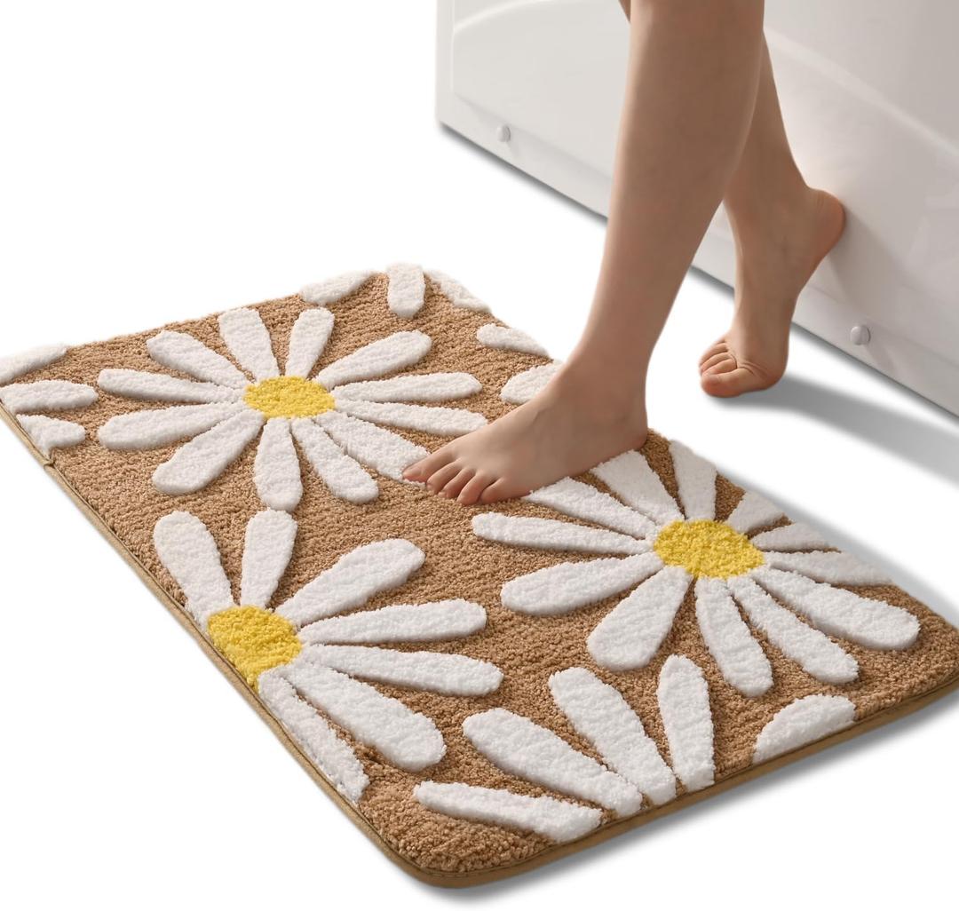 QJHOMO Brown Bathroom Rugs Cute Daisy Bath Mat White and Yellow Flower Decor Rug Non Slip Floor Carpet Microfiber Bathmat Super Absorbent Machine Washable Bathtub Mats for Shower (16x24 inch)