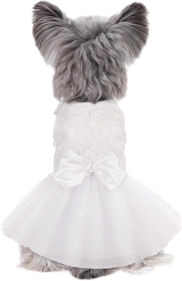 Kuoser Dog Dress Pet Wedding Dresses, Adorable Tutu Shirts for Small Medium Girl Dogs, Puppy White Princess Outfits with Luxury Lace Pearl Bow, Retro Pet Costumes for Birthday, Party, Wedding