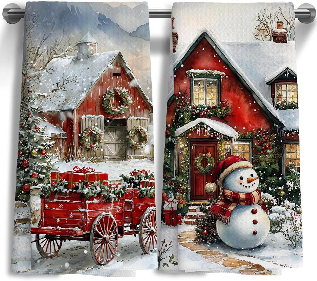 Christmas Scene Snowman Kitchen Towels Set of 2,Winter Farmhouse Decoration Hand Towels for Kitchen Decoration 16x24 Inches