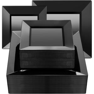 Goodluck 100 Black Pack Disposable Square Plastic Plates, Heavy Duty 50 Dinner Plates 9.5" and 50 Dessert Plates 6.5", Fancy Disposable Plates for Wedding, Holiday Party, Birthday, Halloween (100PCS)