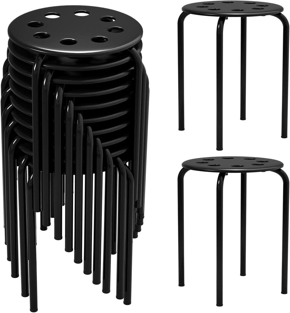 12 Pack Black Plastic Stack Stools - Stackable Stools with Metal Frame, Backless, Round Top for Students, Adults, School, Office, Home