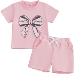 Toddler Baby Girl Summer Outfits Baseball Bow Fuzzy Embroidered T Shirt Top Shorts 2Pcs Baseball Game Day Clothes (Pink)