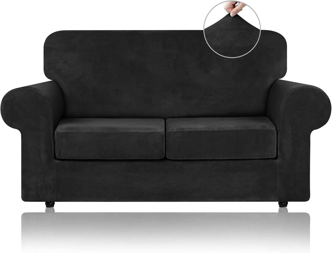 WEERRW Velvet Couch Covers for 2 Cushion Couch Sofa - High Stretch Luxury Velvet Plush 3 Pieces Sofa Slipcovers with Elastic Bottom, Furniture Protector for Pets, Machine Washable, Black, Medium