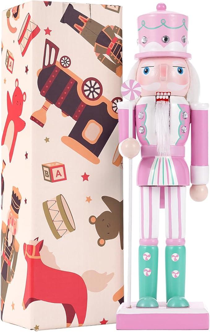 VorFor 10" Christmas Decorations Nutcracker Ornaments,Traditional Wooden Nutcracker Figures Soldier,Festive Collectible Christmas Nutcracker Doll Gift forTable Desktop Fireplace(Pink)