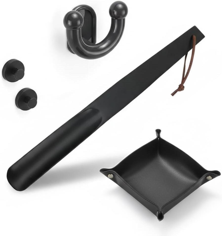 Shoe Spoon Long Handle & Leather Tray Set, Black 5-Piece Entryway Organizer with Self-Adhesive Hooks & Slipper Hanger | for Men, Nightstand, Bathroom, Bedroom