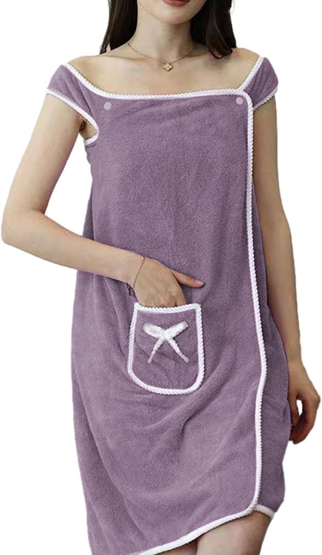Towel Wrap for Women - Women's Body Wrap Towel, Adjustable Spa Wraps | Wearable Shower Bath Robe Towel Wraps Swim Cover Up, Coral Fleece Bath Towel Wrap Dress with Pocket for Spa Shower (Purple)