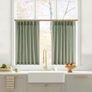 NICETOWN Sage Green Natural Pinch Pleated Linen Kitchen Curtains 36 Inches Long, 2 Panels Set Farmhouse Light Filtering Short Curtains for Cafe Bar Living Room Bedroom Christmas Window, 40" W x 36" L